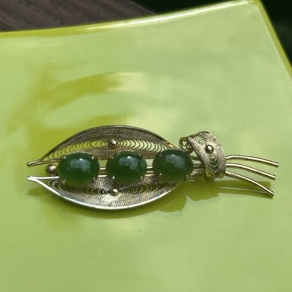 VTG SORRENTO Vermeil Sterling Silver Filigree Leaf Green Stone BROOCH - Picture 4 of 11
